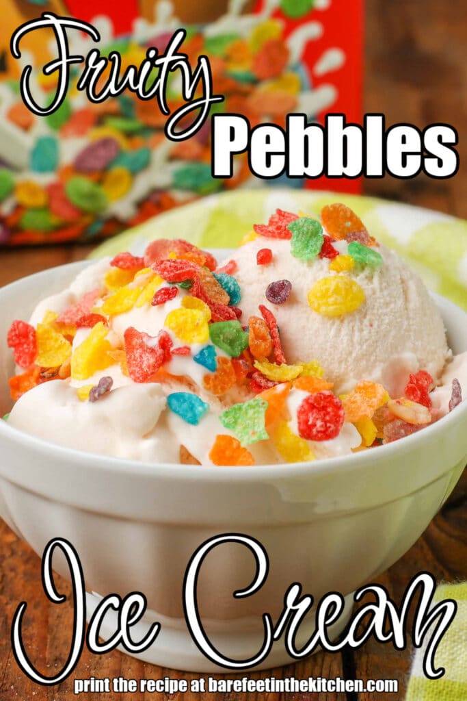 Vertical shot of Fruity Pebbles Ice Cream topped with Fruity Pebbles cereal, served in a small white bowl