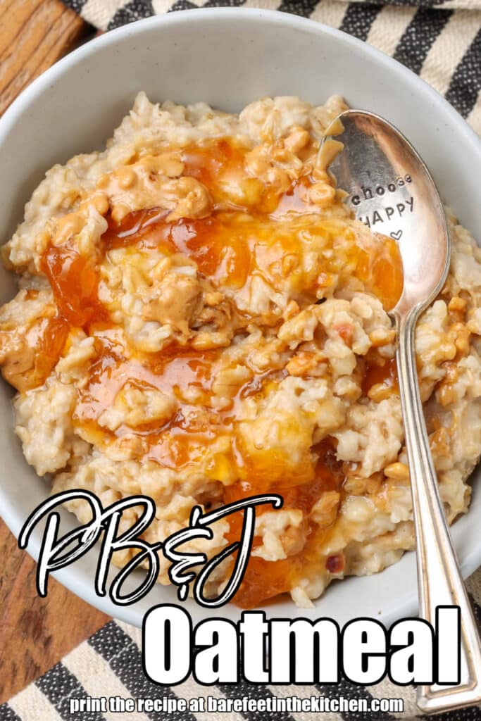 PB&J Oatmeal in white bowl with silver spoon