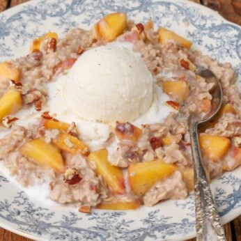 close up photo of oatmeal with peaches, pecans, and a scoop of ice cream on top