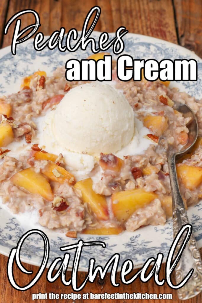 oatmeal with peaches and a scoop of ice cream in blue bowl