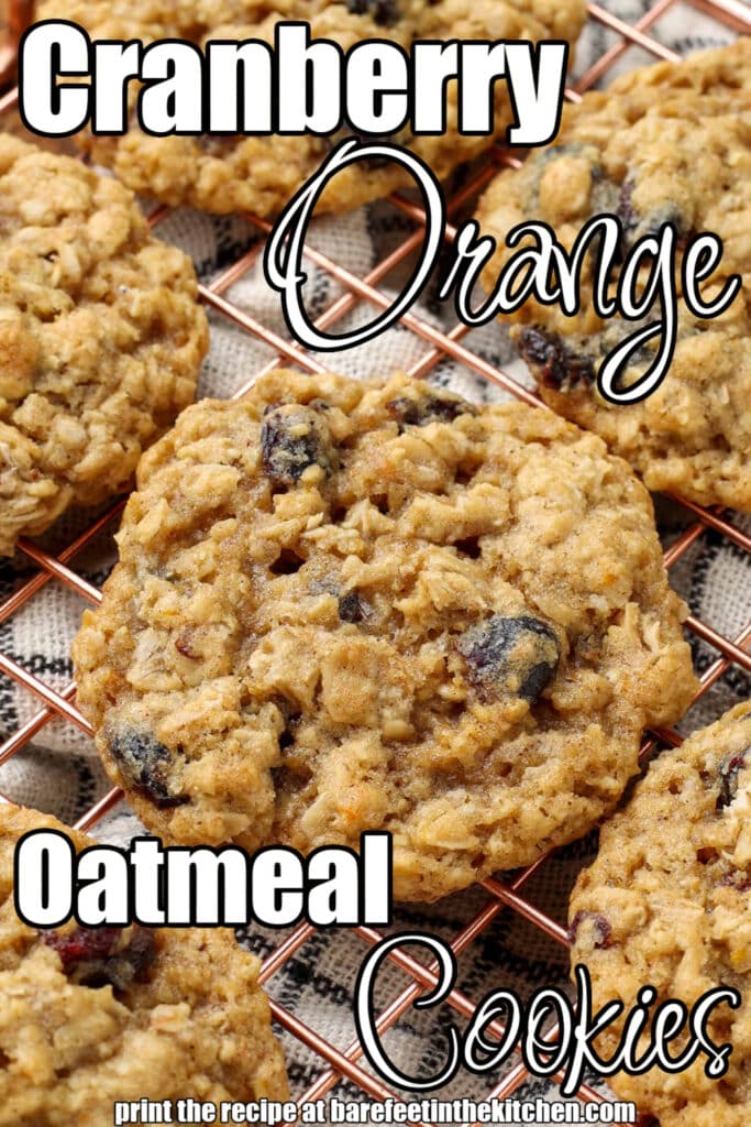 Overhead close-up shot of cranberry orange oatmeal cookies on a copper cooling rack; underneath, a checkered white and black hand towel; the words "Cranberry Orange Oatmeal Cookies" are superimposed over the image