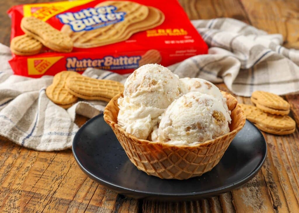 scoops of ice cream in waffle bowl with cookies in the background