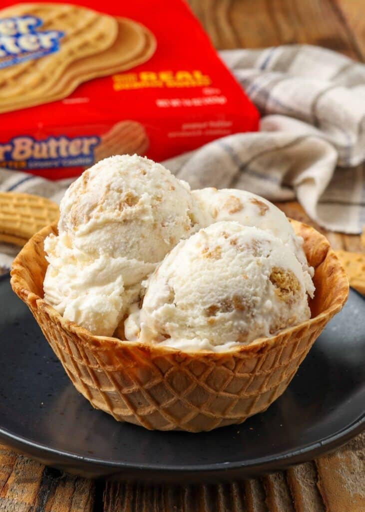 waffle bowl holding scoops of homemade ice cream