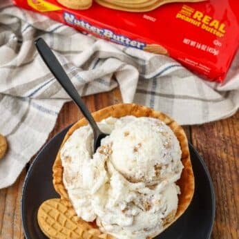 ice cream made with Nutter Butter cookies in bowl next to package of cookies