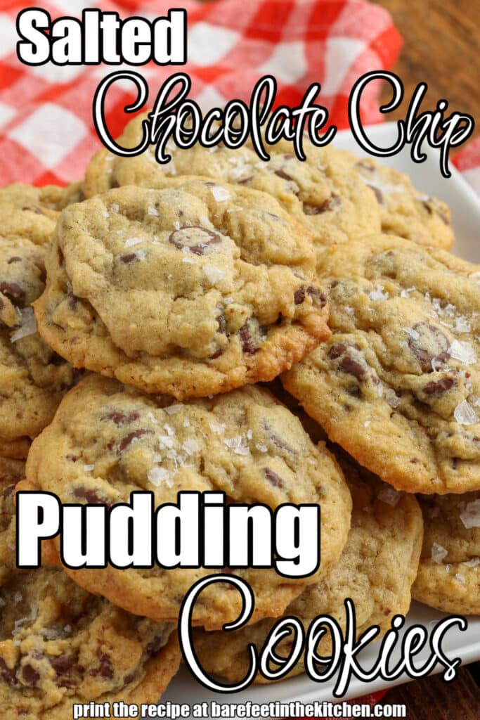 white text has been overlaid this image of chocolate chip cookies on a white plate. It reads, "Salted Chocolate Chip Pudding Cookies".
