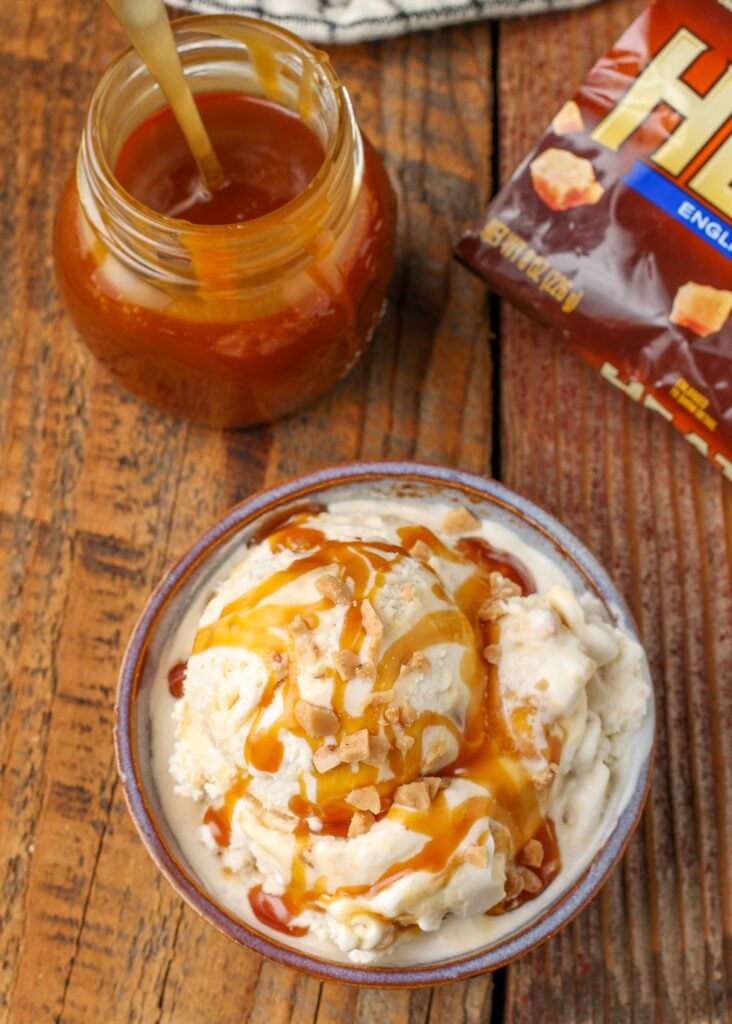 Top with Caramel Ice Cream Scoop with Caramel Syrup and Caramel Bits
