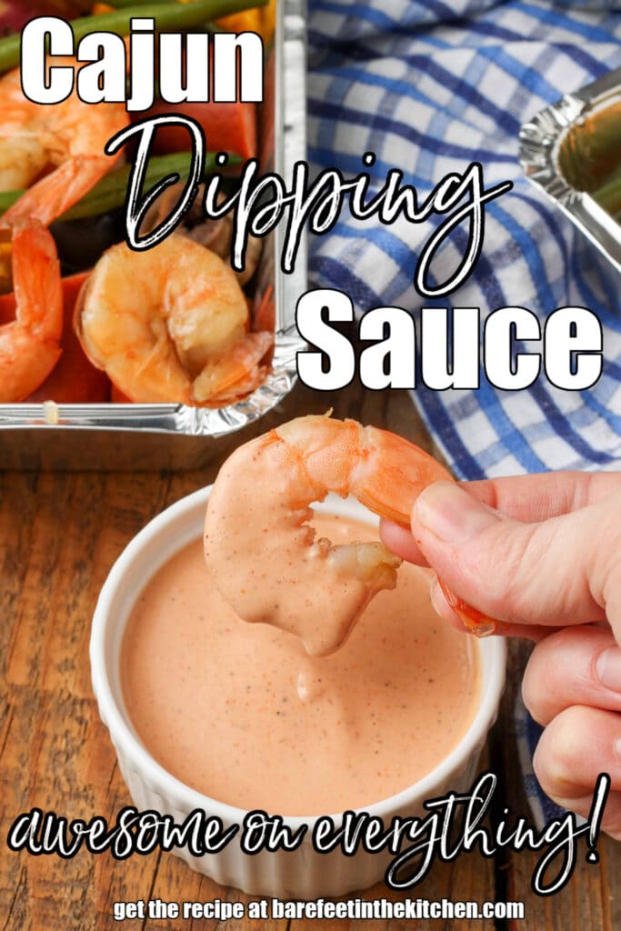 Top shot of shrimp dipped in Cajun Dipping Sauce