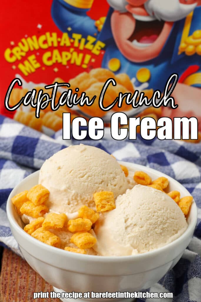 Captain Crunch Ice Cream topped with cereal in a white bowl
