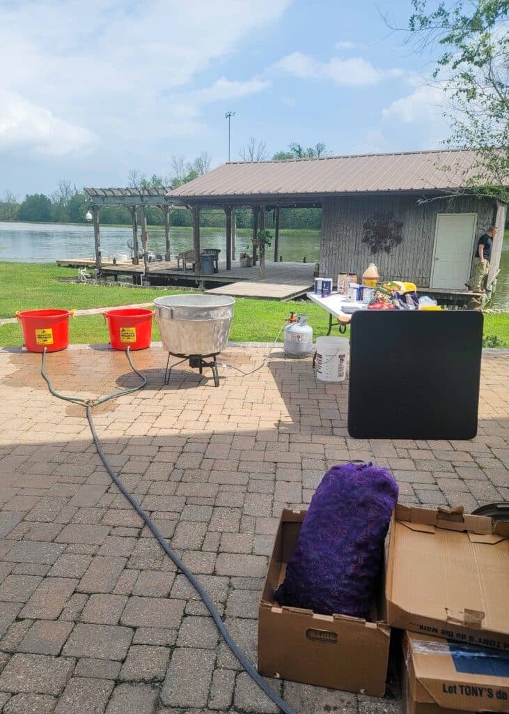 equipment set out for a Louisiana crawfish boil
