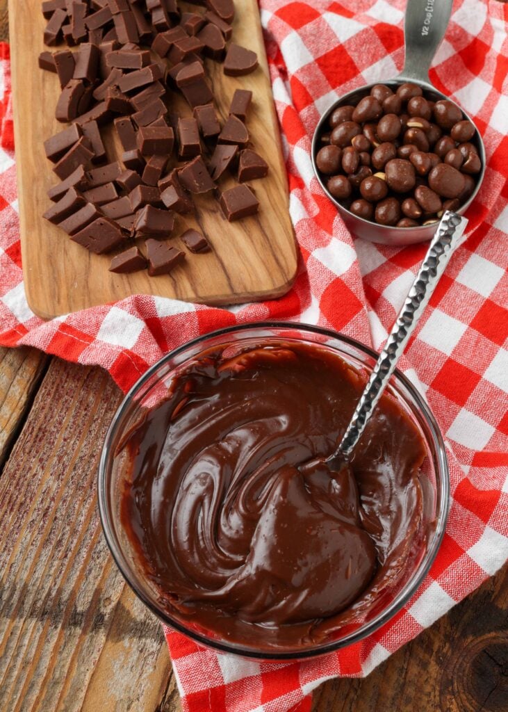Chocolate fudge, warm fudge and chocolate covered peanuts