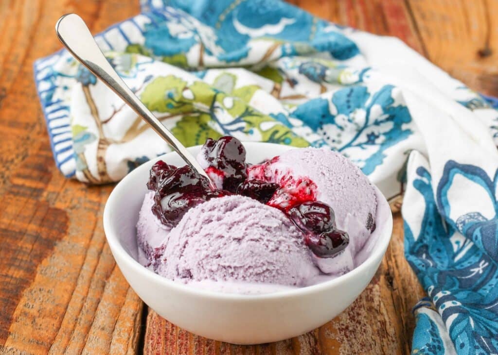 Horizontal shot of gelato in white bowl with blueberry sauce