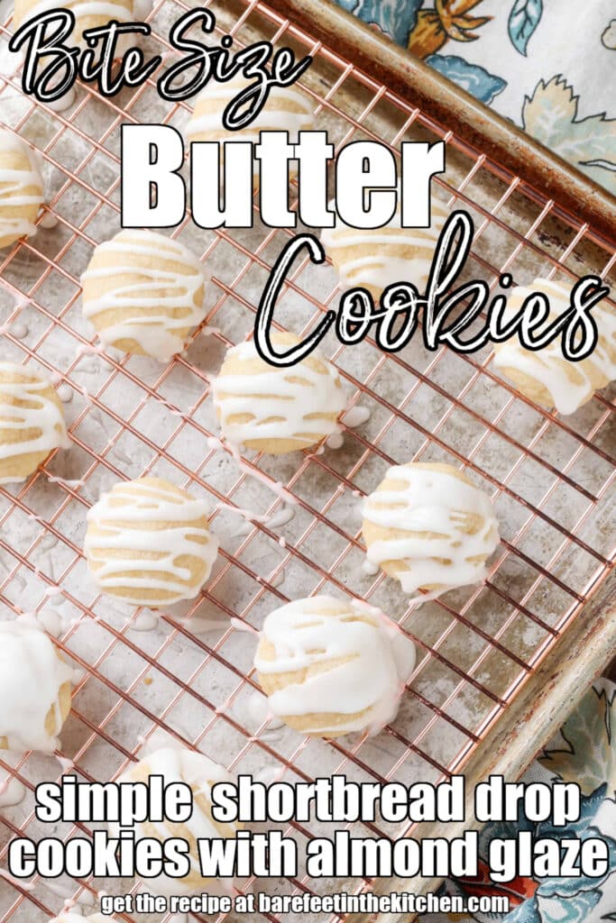 small glazed almond butter cookies on a cooling rack over a sheet pan with text overlaid
