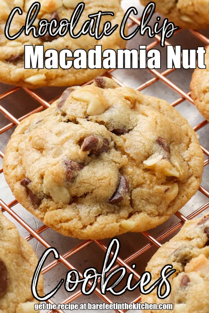 chocolate chip macadamia nut cookies on cooling rack
