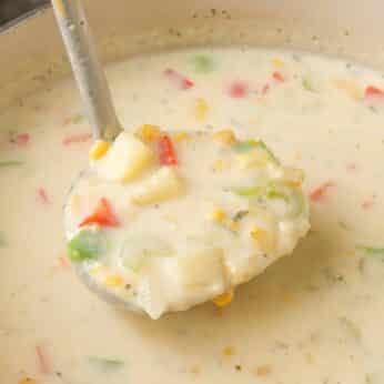 A ladle full of creamy vegetable soup, ready to eat.