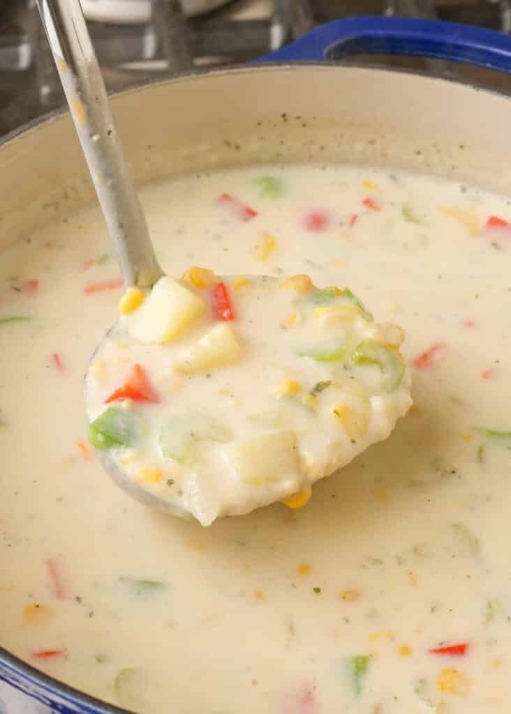 मलाईदार सब्जी सूप से भरा एक करछुल, खाने के लिए तैयार।