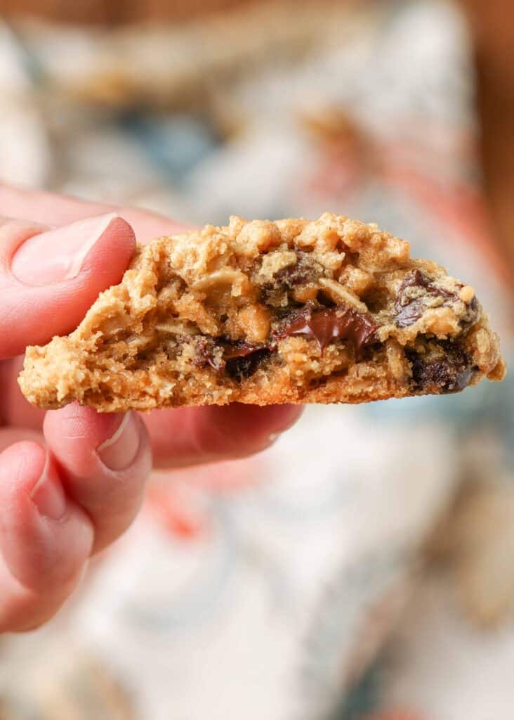 Close-up shot of hand holding gooey peanut butter cookie