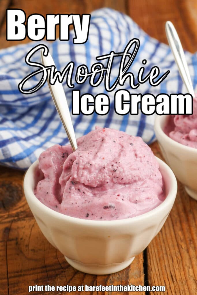 Pink soft serve ice cream in white bowls; the words "Berry Smoothie Ice Cream" are superimposed over the picture