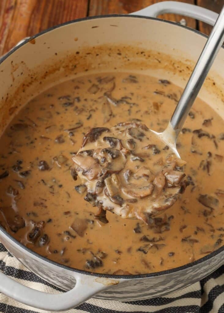 Ladling creamy mushroom soup from cooking pot