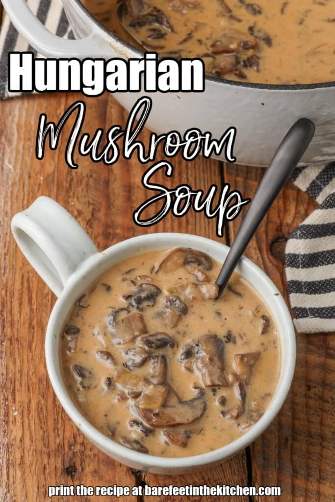 Creamy mushroom soup in mug with black spoon