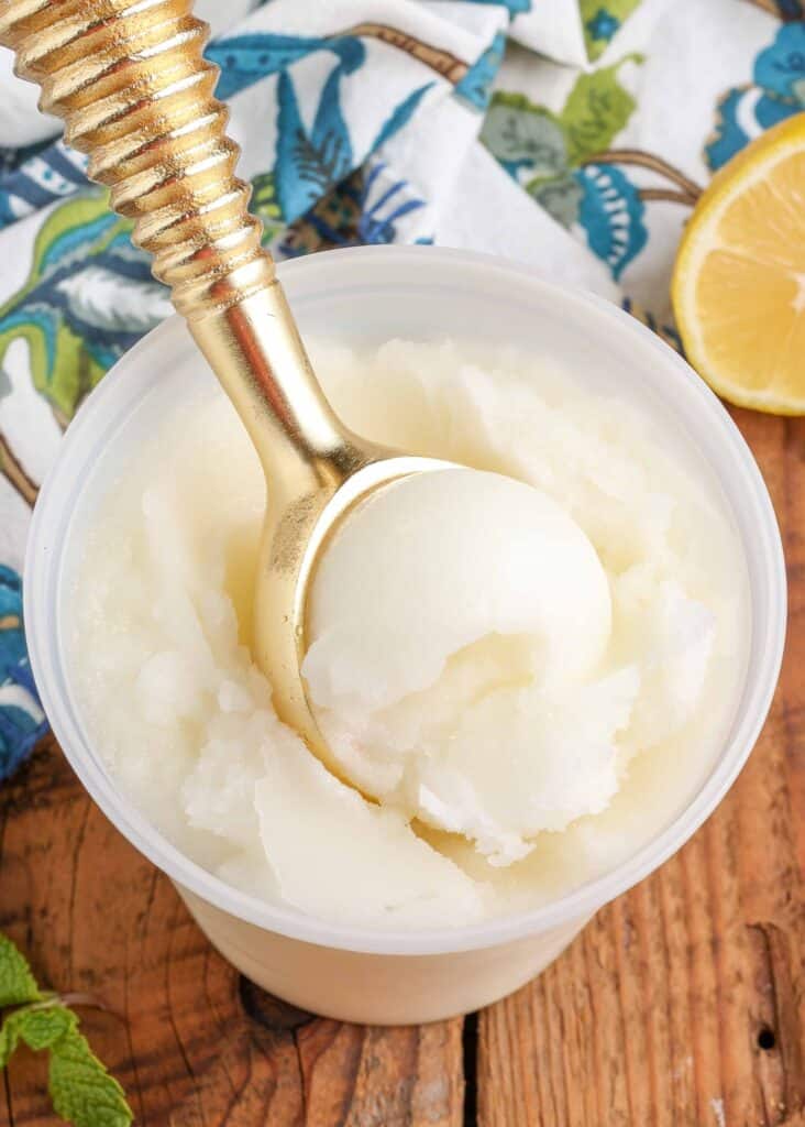 gold ice cream scoop with container of lemon sorbet