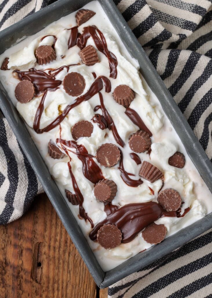homemade Moose tracks Ice Cream in pan ready for freezer