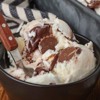 scoop of ice cream in black bowl with wooden spoon