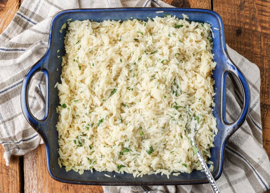 The cilantro lime rice has been completely mixed and is ready to serve.