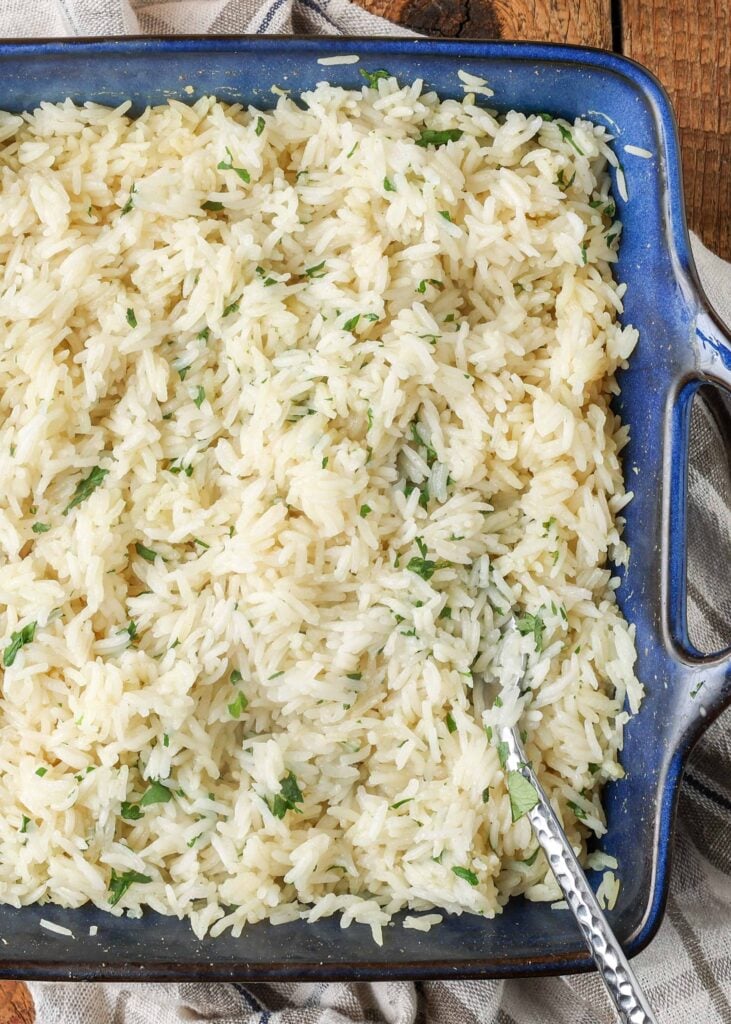 A close up shot of the cooked cilantro lime rice.