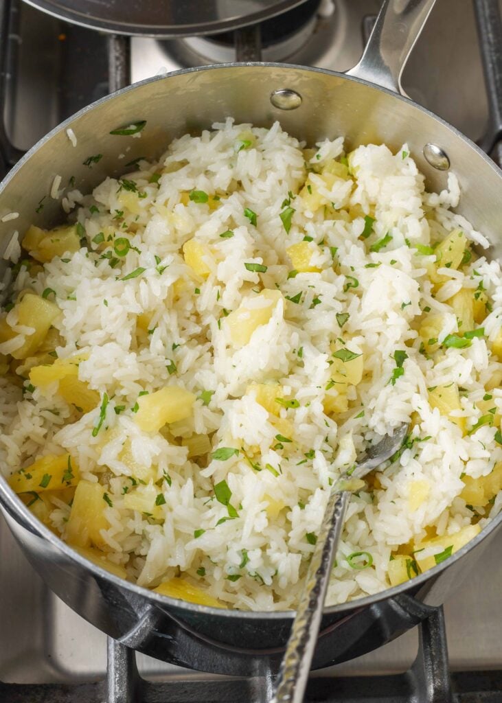 pot of pineapple cilantro lime rice on stovetop