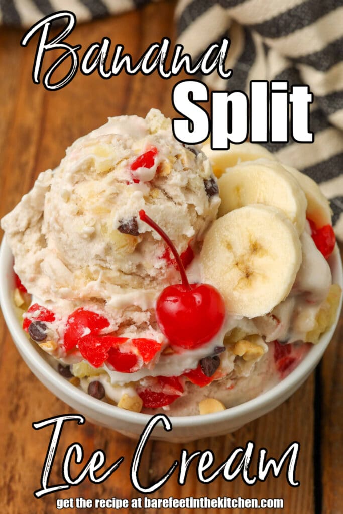 banana ice cream filled with pineapple, cherries, chocolate chips, and peanuts