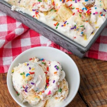 sprinkles ice cream in bowl next to birthday cake