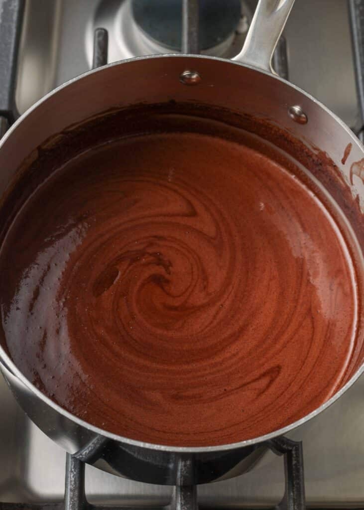 chocolate ice cream base in saucepan