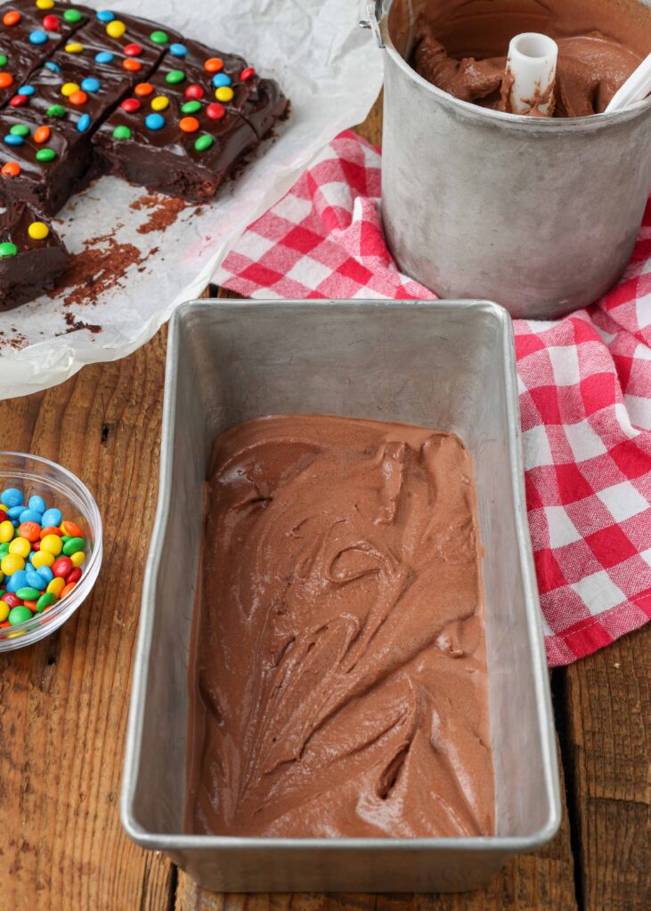 freshly churned chocolate ice cream in pan