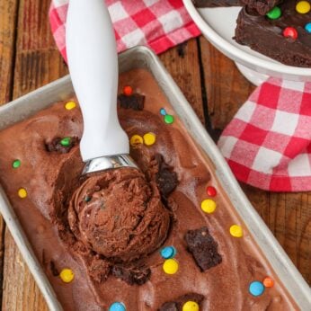 scoop of chocolate ice cream with brownie chunks