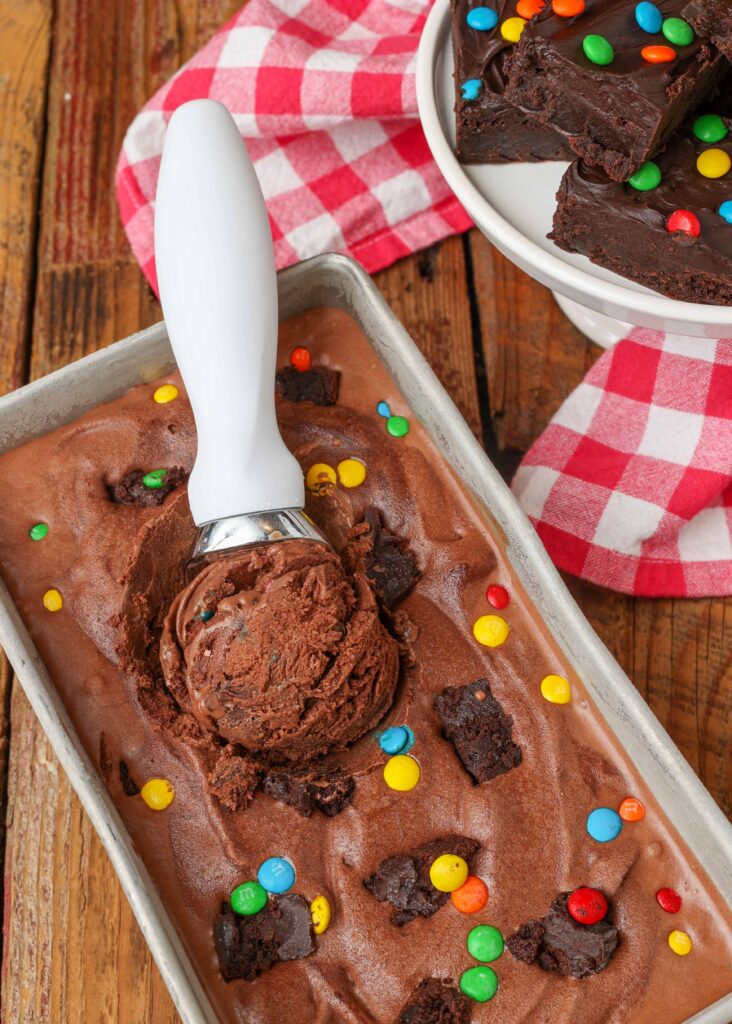 scoop of chocolate ice cream with brownie chunks