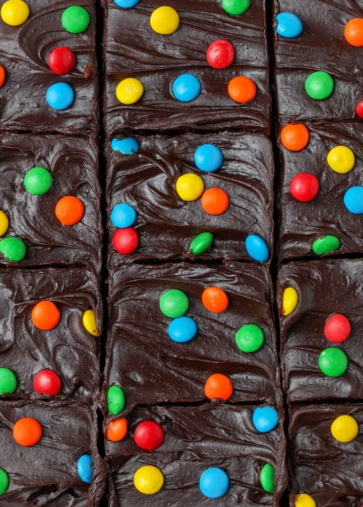 frosted brownies topped with mini m&m candies