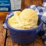 macaroni and cheese ice cream in blue bowl