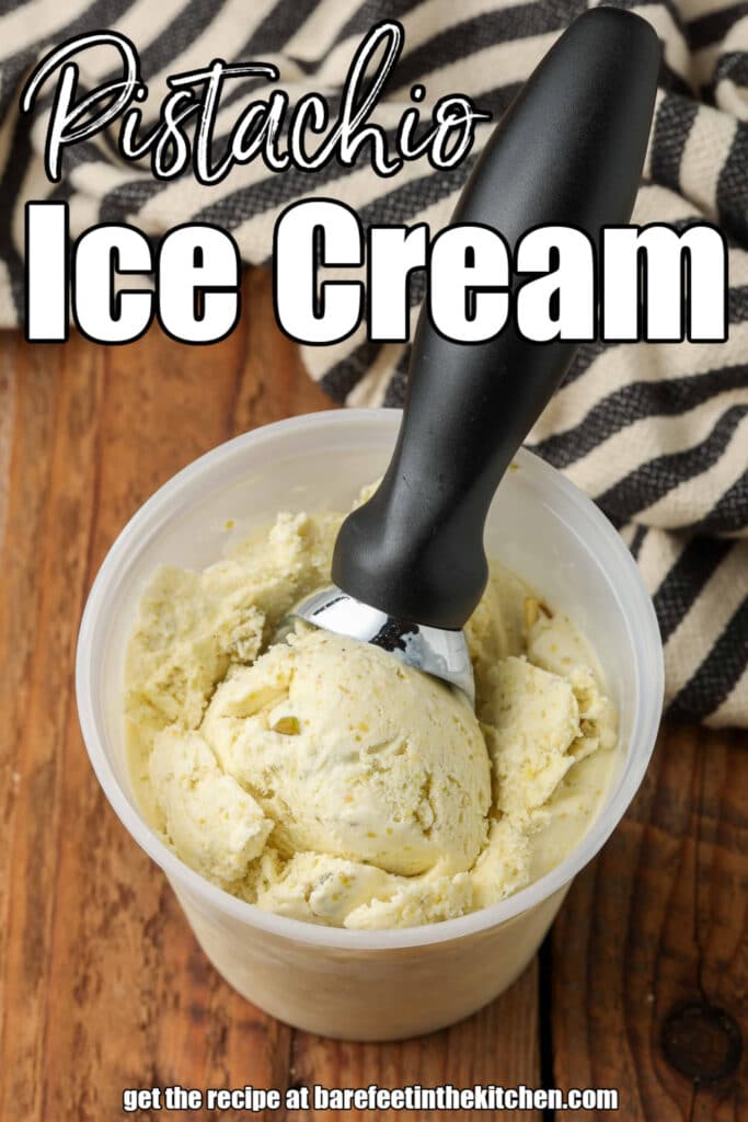scoop of pistachio ice cream in container