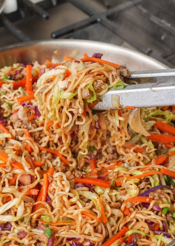 ramen noodle stir fry with sausage and cabbage