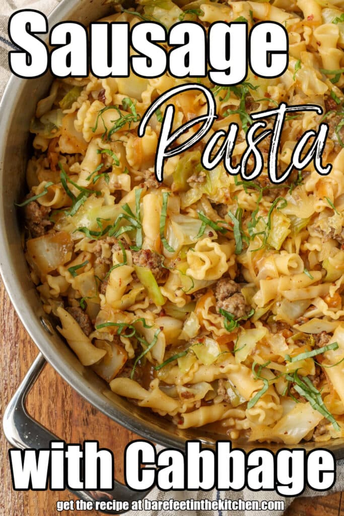 closeup of pasta dish with sausage and cabbage