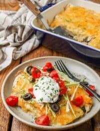 Vertical shot of plate of enchiladas with cheese and tomatoes