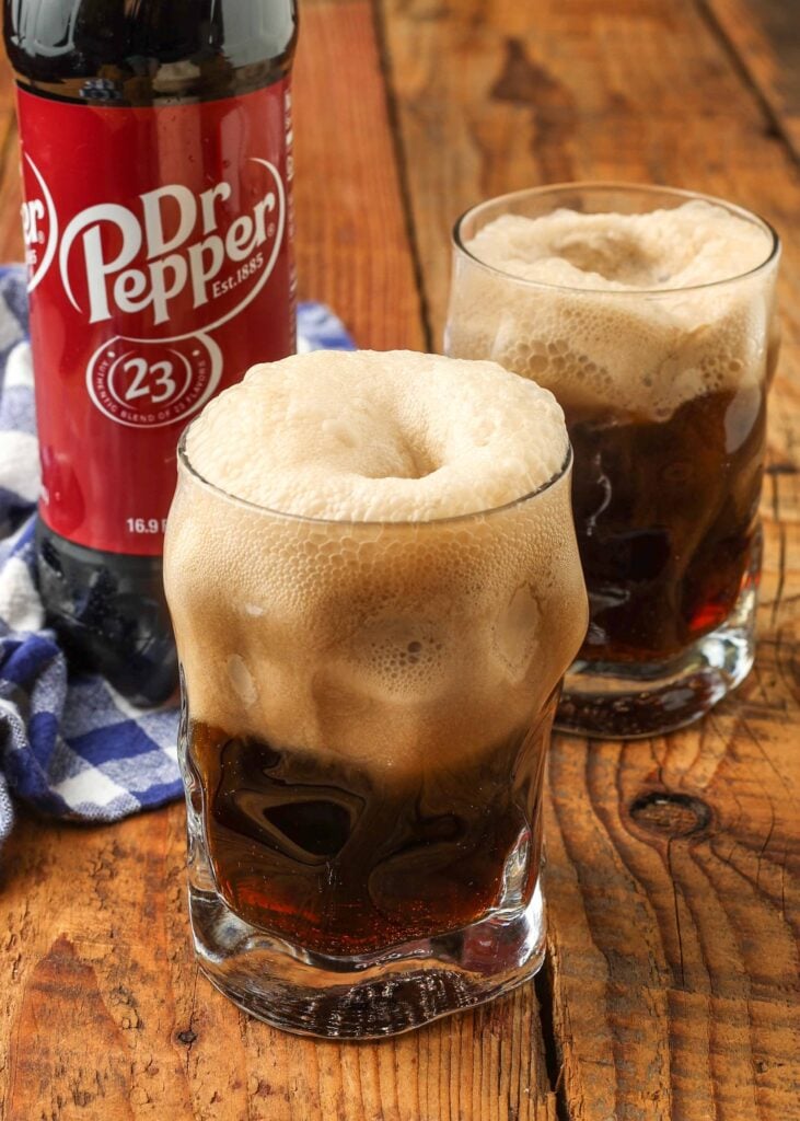 Dr Pepper ice cream floats on wooden table