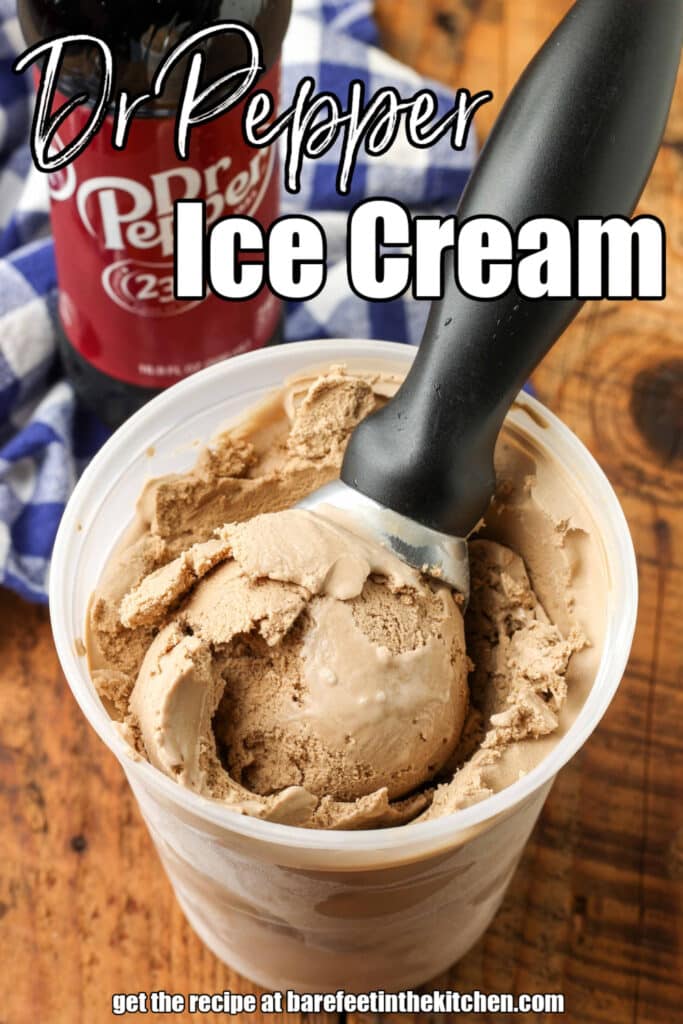 close up scoop of dr pepper ice cream in container