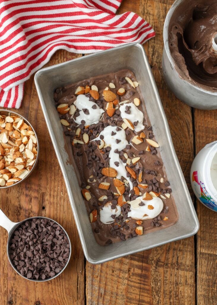 Chocolate almond ice cream in tray