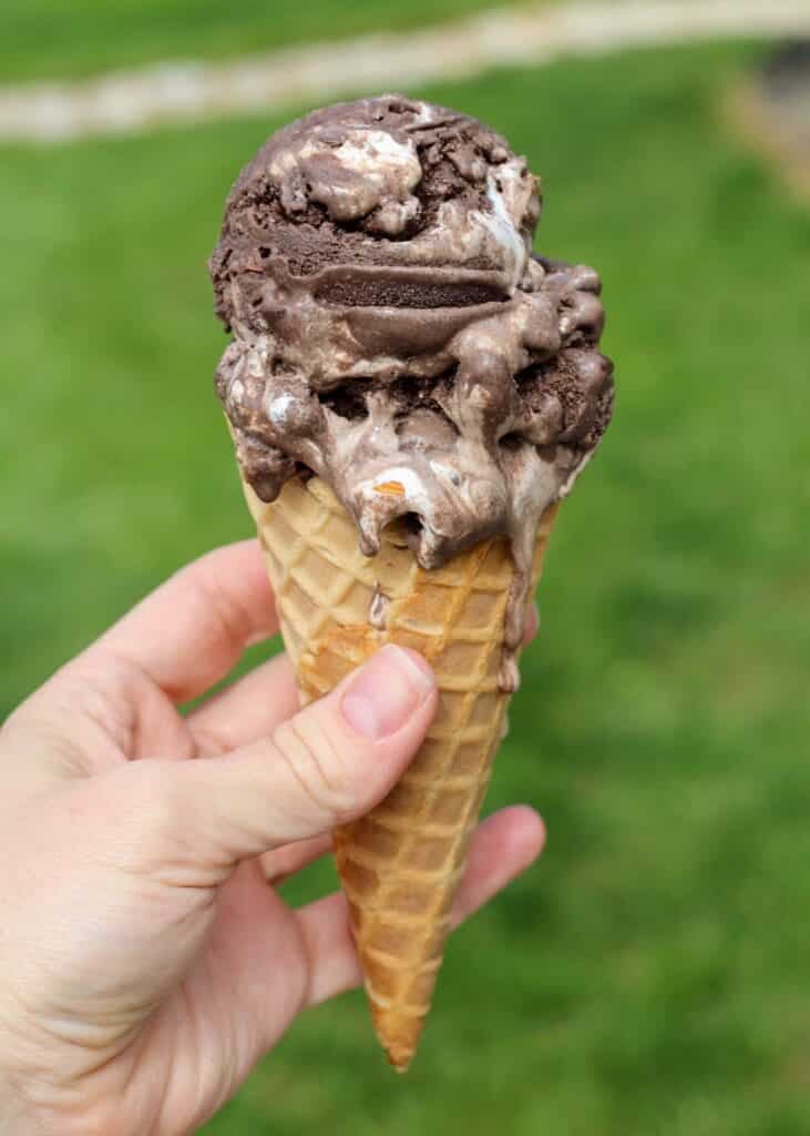 Close-up on chocolate almond ice cream in cone