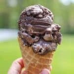 Extreme close-up on chocolate almond ice cream in cone
