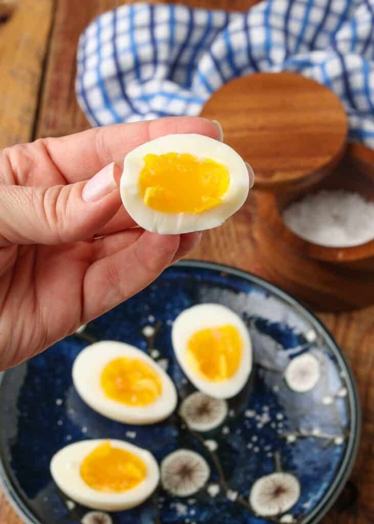 Sliced hard boiled eggs on platter
