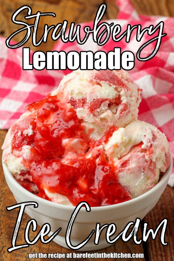 Strawberry lemonade ice cream scooped into a bowl with a drizzle of strawberry sauce and red and white tea towel on the side.