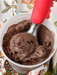 close up photo of ice cream in container with ice cream scoop