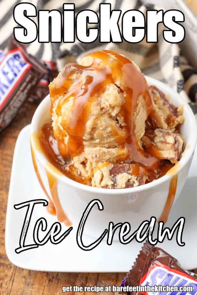 dish of peanut butter ice cream drizzled with caramel sauce